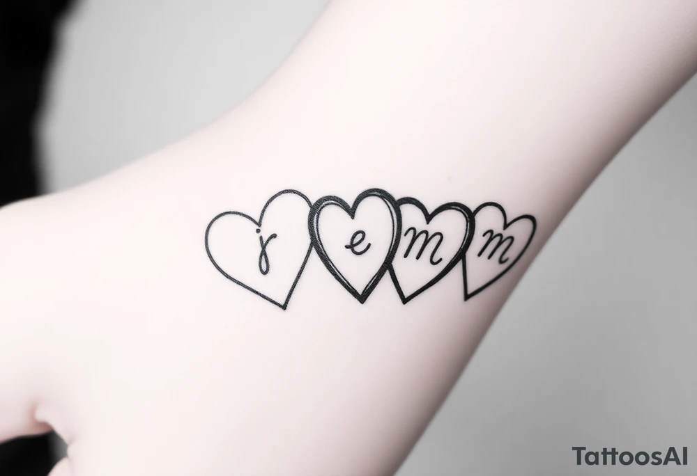 four hearts with the initials "j" "e" "m" "m" in each heart tattoo idea