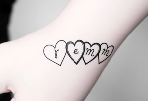 four hearts with the initials "j" "e" "m" "m" in each heart tattoo idea