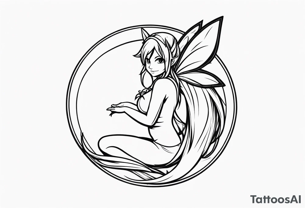 A fairy with a tail inspired by the logo of the show called Fairy Tail in a fetal position leaning in tattoo idea