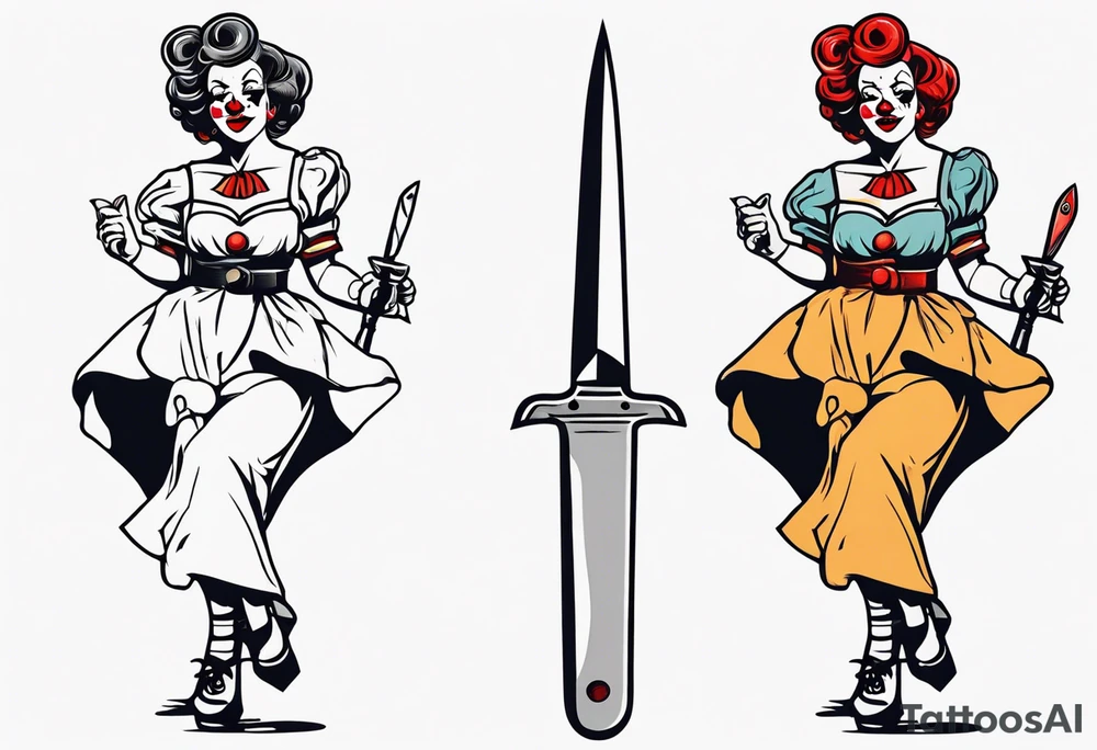 full body female pin up clown holding knife tattoo idea