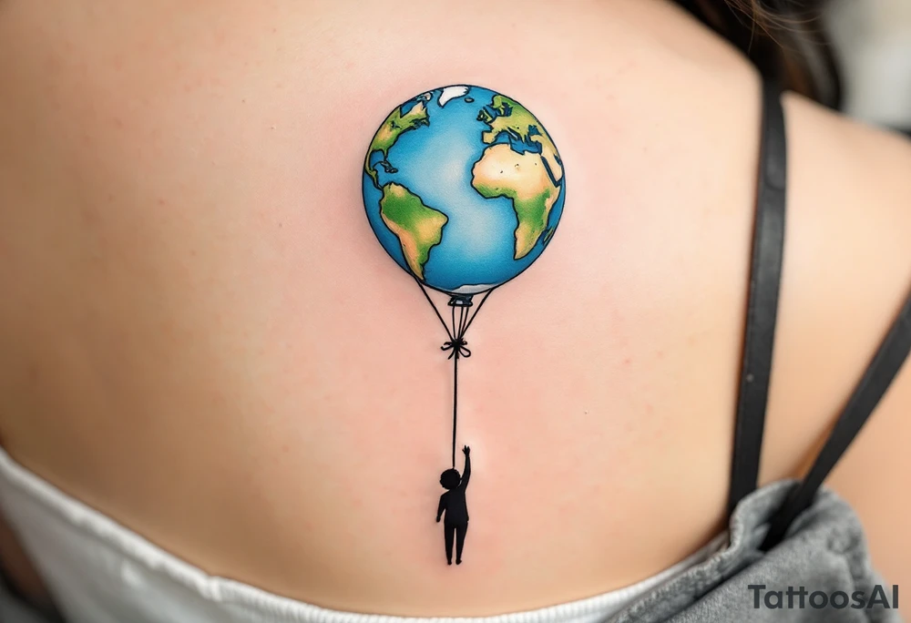 An Earth-shaped balloon in sky blue and grass green floats upward from a black string held by a tiny figure. tattoo idea