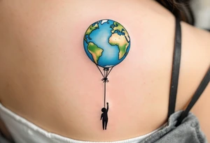 An Earth-shaped balloon in sky blue and grass green floats upward from a black string held by a tiny figure. tattoo idea