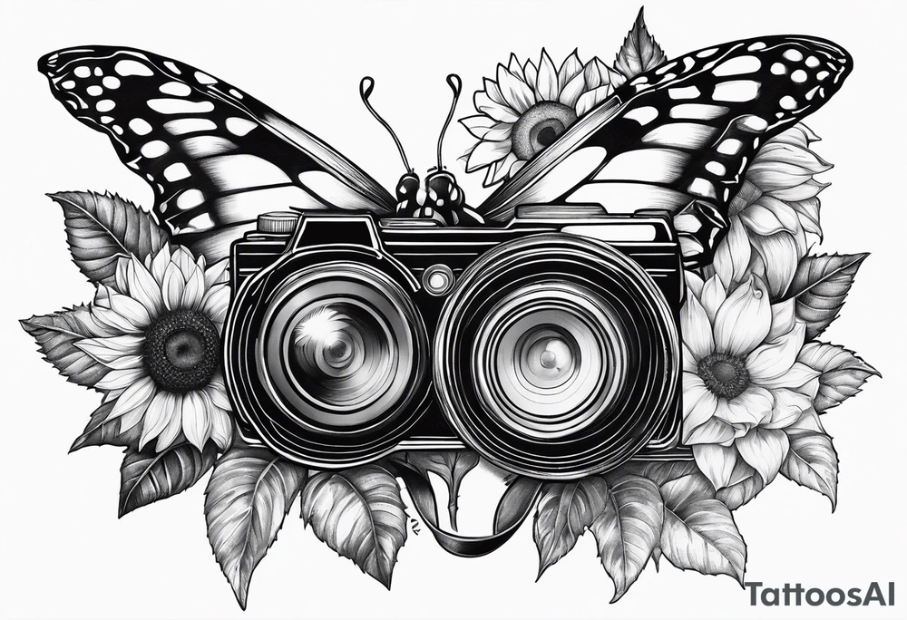 Butterfly, sunflower, camera, book, flower rose tattoo idea