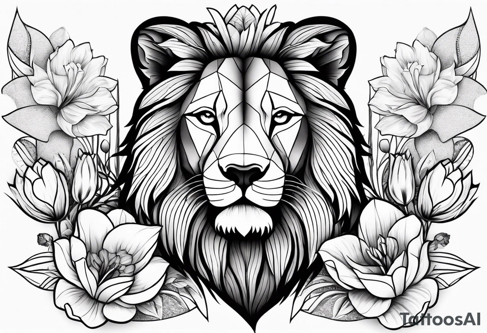 Lion drawn with olines and shading with floral backgrounds and tulips with a butterfly and an amstaff dog. tattoo idea
