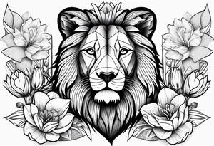 Lion drawn with olines and shading  with floral backgrounds and tulips with a butterfly and an amstaff dog. tattoo idea