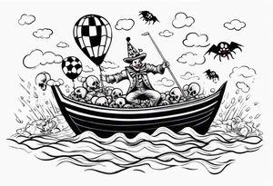 penny wise clown riding on georgies 
paper boat dragging skulls from other dead people behind him through the sewer system with a balloon covered in spiders tattoo idea