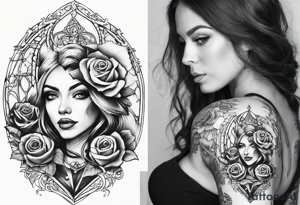 fool sleeve, old broken gothic home, broken sword, roses tattoo idea