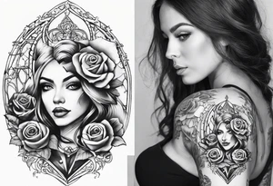 fool sleeve, old broken gothic home, broken sword, roses tattoo idea