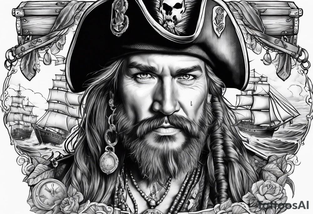 Chest tattoo that is about pirates ,captain ,treasure map tattoo idea Chest tattoo that is about pirates ,captain ,treasure map tattoo idea