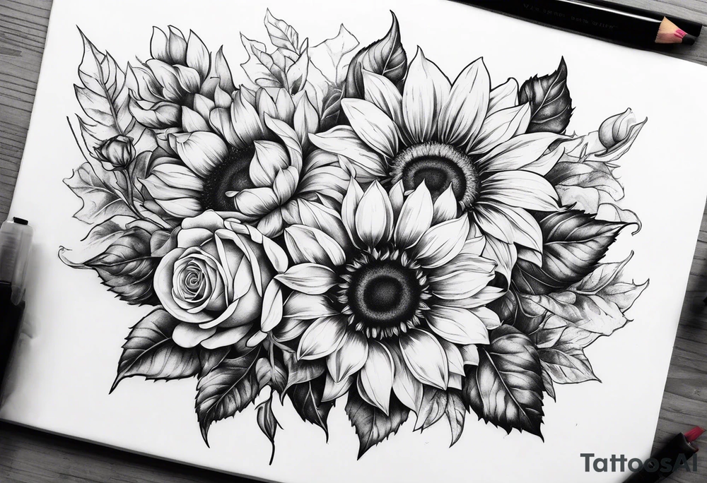 Sunflower and rose flower tattoo idea