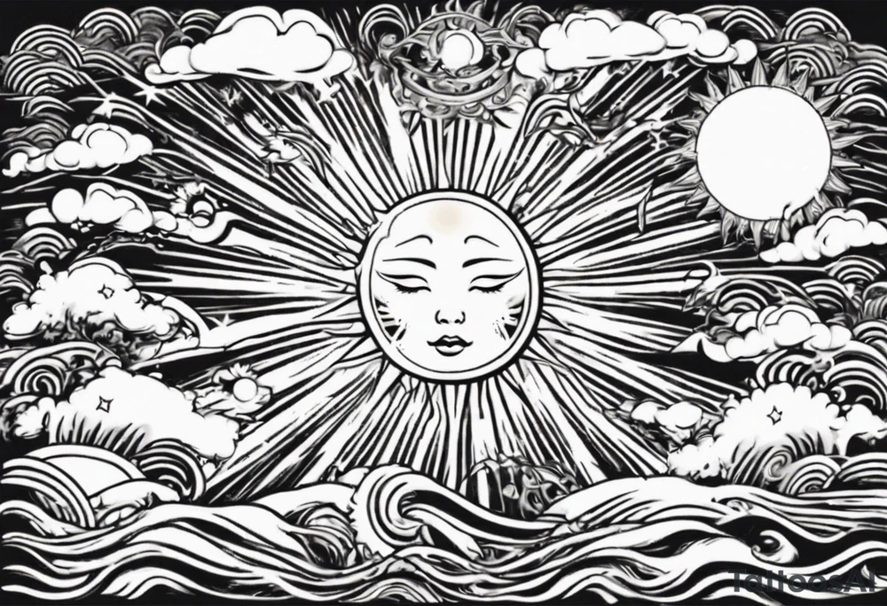 Linework of Sun with rays tattoo idea