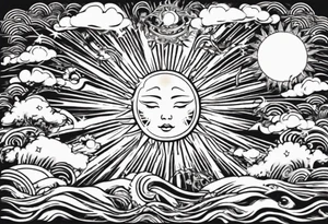 Linework of Sun with rays tattoo idea