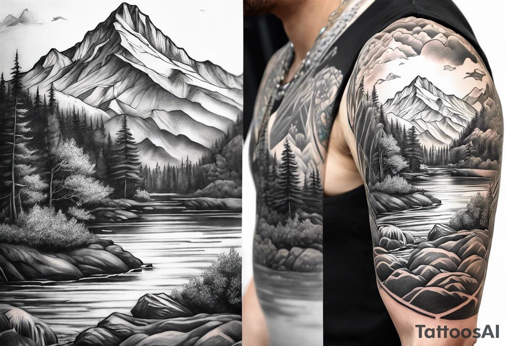 Sleeve with mountains, rivers, and fishing tattoo idea