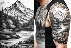 Sleeve with mountains, rivers, and fishing tattoo idea