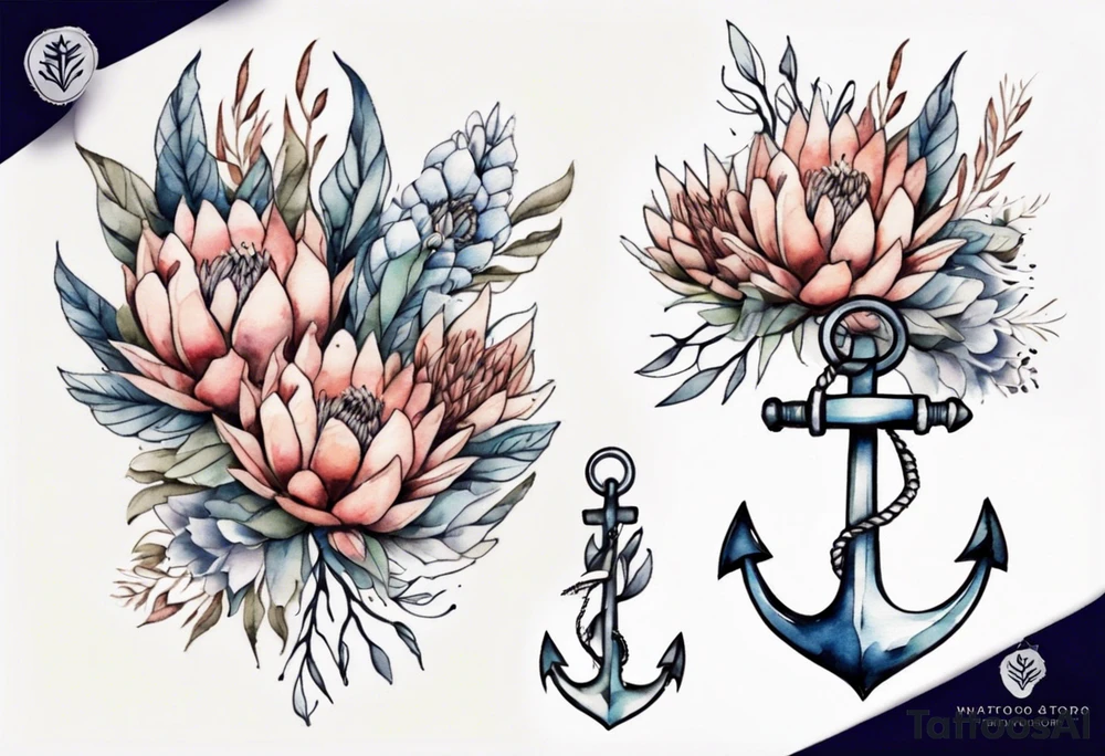 Very feminine tattoo of an anchor with protea flowers tattoo idea