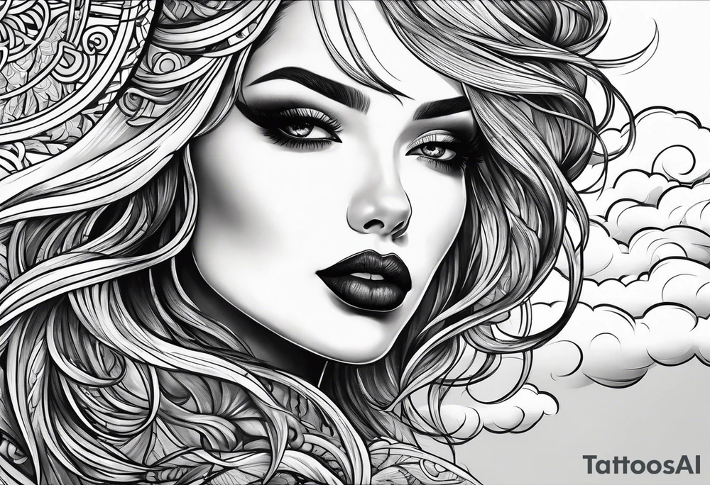 Woman long hair dark lips sky clouds tattoo idea