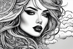 Woman long hair dark lips sky clouds tattoo idea