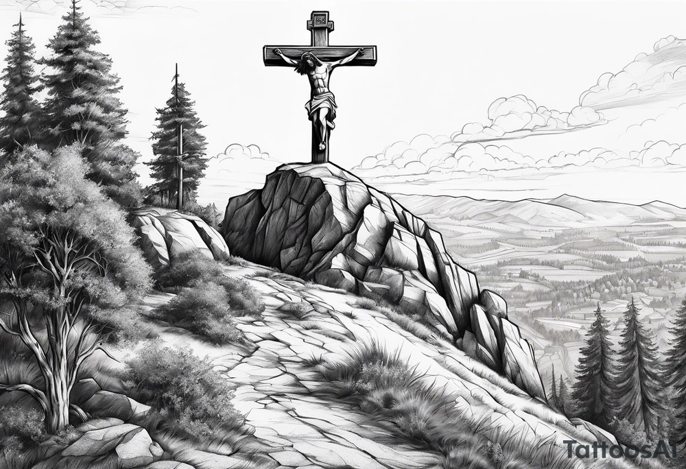 jesus crucified on a hill facing east tattoo idea