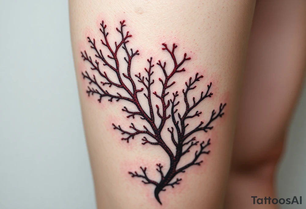 Photorealistic tattoo design of Asparagopsis taxiformis red algae, detailed texture, natural branching pattern, underwater appearance, suitable for calf placement, flowing upward” tattoo idea