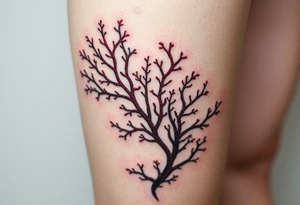 Photorealistic tattoo design of Asparagopsis taxiformis red algae, detailed texture, natural branching pattern, underwater appearance, suitable for calf placement, flowing upward” tattoo idea