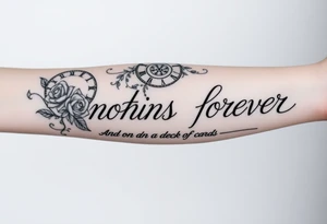 Roman clock with roses and a crown,  a quote that says nothings forever. and on the bottom a deck of cards tattoo idea