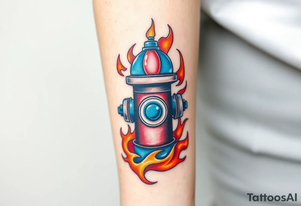 A detailed fire hydrant wrapped in a swirling water-and-flame motif, blending cool blue with fiery red and orange tones. tattoo idea