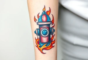 A detailed fire hydrant wrapped in a swirling water-and-flame motif, blending cool blue with fiery red and orange tones. tattoo idea