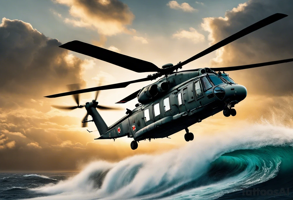 A cinematic-style tattoo depicting a Canadian military CH-148 Cyclone helicopter performing a daring maneuver over a turbulent ocean. The sky should be filled with dramatic clouds, and the sun should be setting, casting long shadows. The helicopter should be the main focus, with intricate details and a sense of motion. In the background, a poppy should be prominently displayed, and a quote from 'Lest We Forget' should be included, black and white tattoo tattoo idea