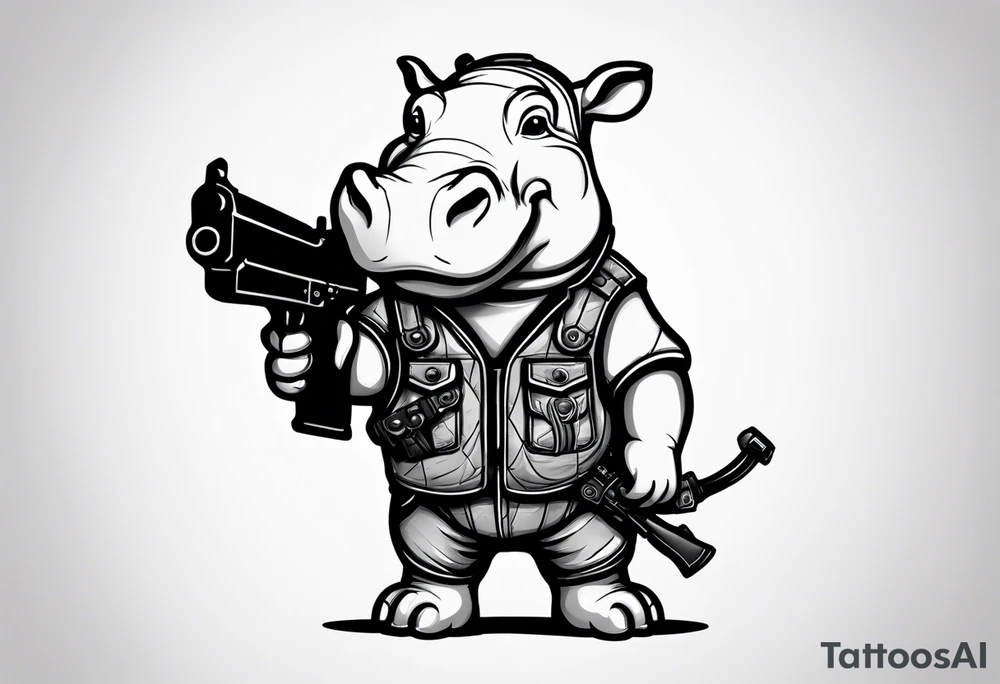 Baby hippo wearing overalls and holding a gun tattoo idea