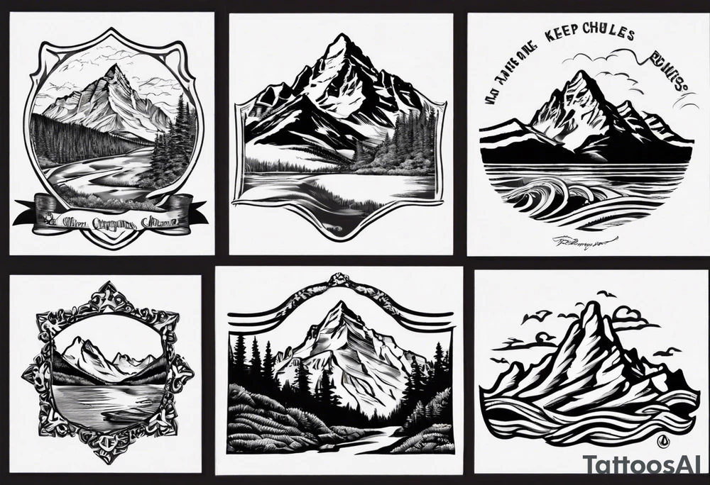 On the top will be the maroon bells mountains. In the middle will be "Keep Chuggin" in cursive writing. On the bottom will be a rough ocean with waves and whitecaps tattoo idea On the top will be the maroon bells mountains. In the middle will be "Keep Chuggin" in cursive writing. On the bottom will be a rough ocean with waves and whitecaps tattoo idea