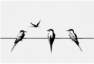 Three Arctic tern Silhouettes on a single power Line. Two are sitting, one Starts to fly away tattoo idea