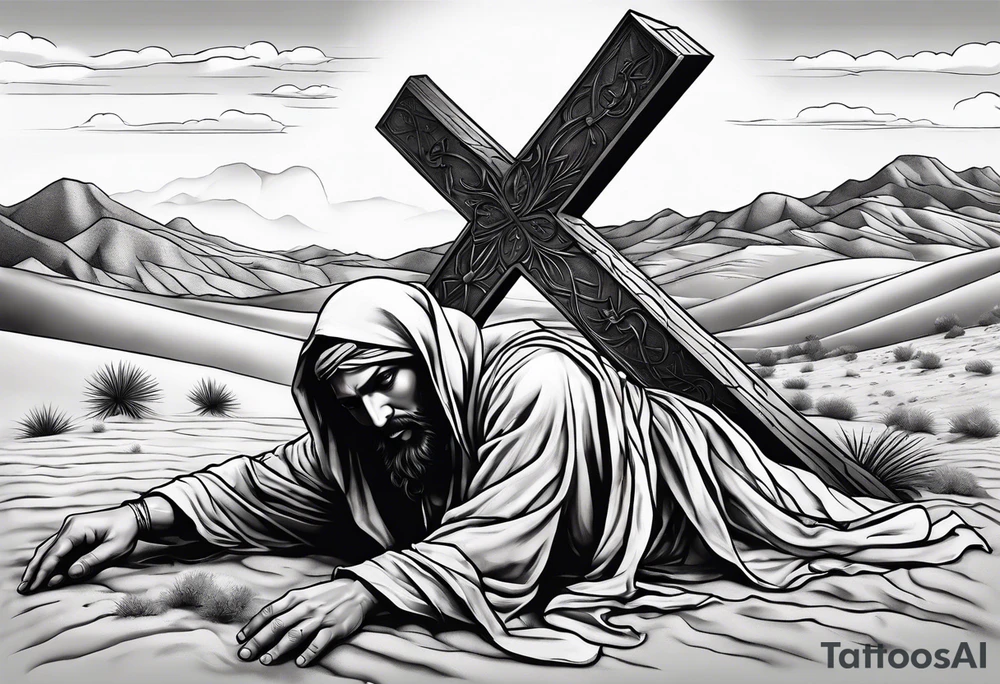 man crawling in a desert reaching to the cross of Christ tattoo idea