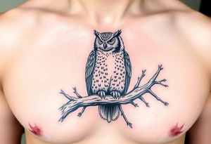 wise owl perched on ancient oak branch under starlit sky tattoo idea
