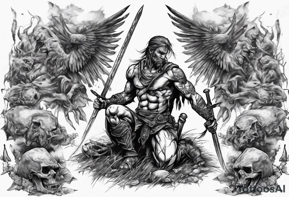 Warrior kneeling upon a field of fallen enemies tattoo idea