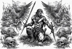 Warrior kneeling upon a field of fallen enemies tattoo idea