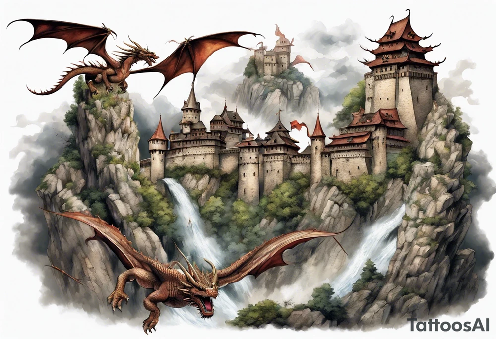 3 dragons flying around the highest part of the castle, defending it from a village with angry people, angry villagers around the castle, realistic tattoo idea