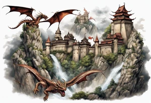 3 dragons flying around the highest part of the castle, defending it from a village with angry people, angry villagers around the castle, realistic tattoo idea