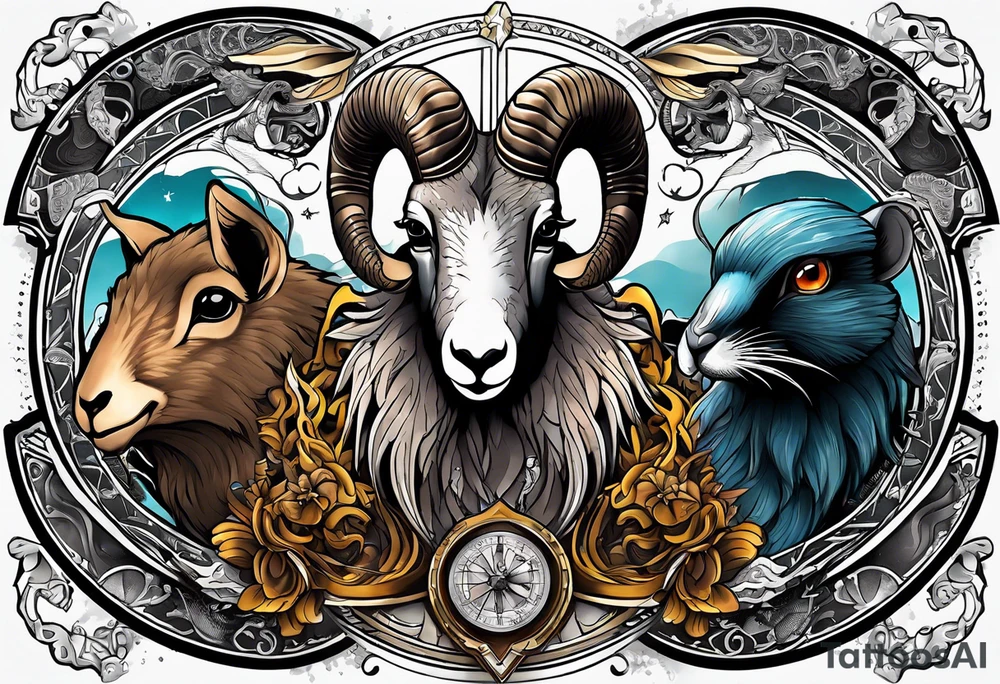 A tattoo with three animals 
a Aries Ram, A Peregrine Falcon and a Rat. in astrological design tattoo idea