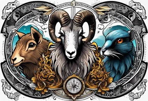 A tattoo with three animals 
a Aries Ram, A Peregrine Falcon and a Rat. in astrological design tattoo idea