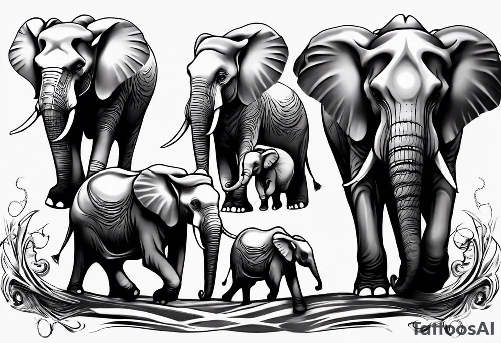family of 6 elephants walking into sunset tattoo idea