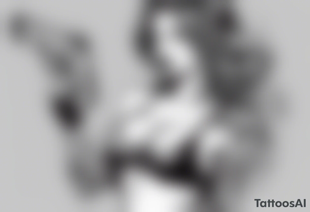 sexy lady holding a gun in mini shorts and bra blowing the gun while it’s smoking, the words “lady killer” beside it, a y2k inspired tattoo tattoo idea