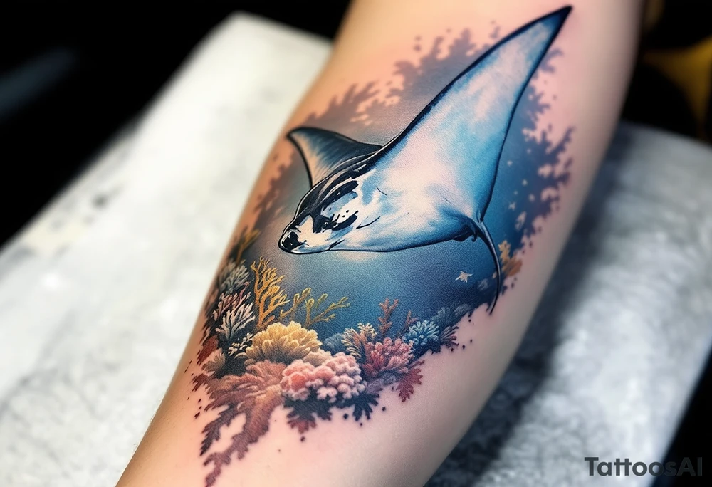 Manta ray swimming, coral reef bellow for forearm tattoo idea