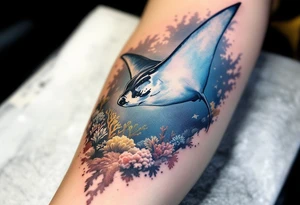 Manta ray swimming, coral reef bellow for forearm tattoo idea