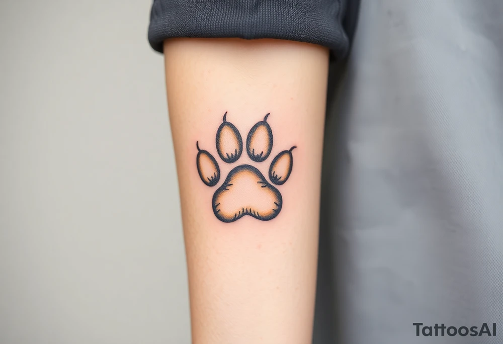 A detailed cat paw print with soft fur textures, using natural tones of cream, gray, and light brown and hearts within tattoo idea