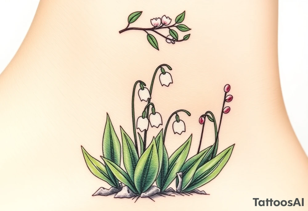 Small White lily in the valley bells growing next to other different colored lilie plants planted 
Under a blooming hawthorn tree tattoo idea