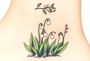 Small White lily in the valley bells growing next to other different colored lilie plants planted 
Under a blooming hawthorn tree tattoo idea