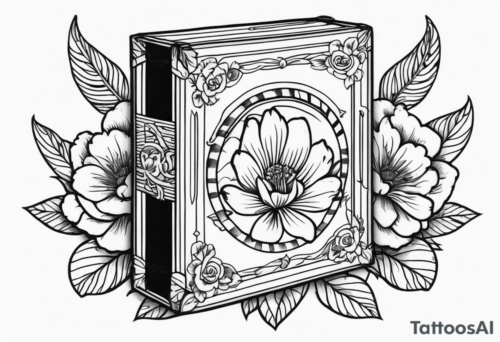 An sailor Jerry style tattoo of a vintage cigar box surrounded by traditional flowers tattoo idea