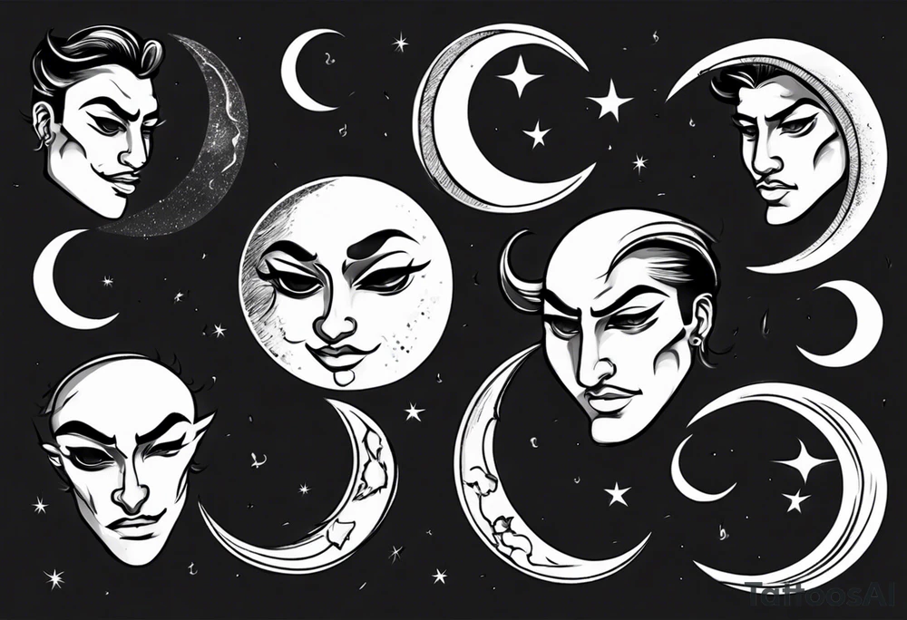 crescent moon with cartoon face for men tattoo idea