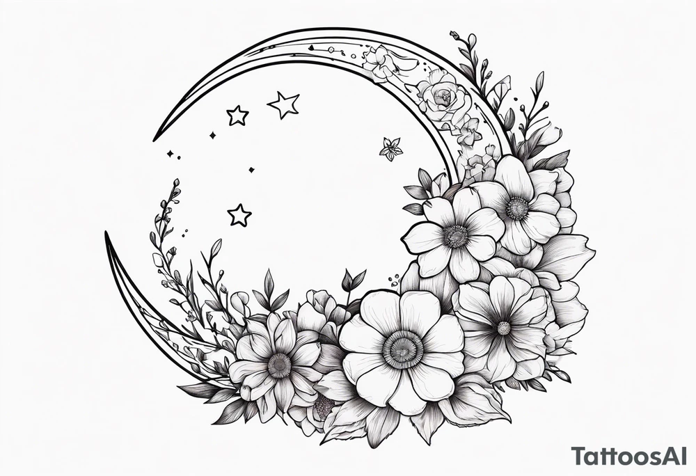 Crescent moon shrouded in pretty flowers tattoo idea