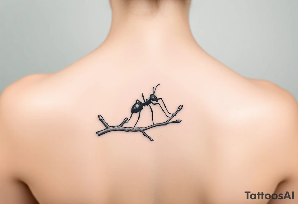 Army ant on a tree branch tattoo idea
